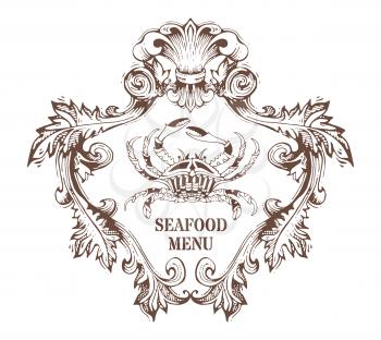 Ornate contour of crab and vintage hand-drawn frame in sepia on white background.
