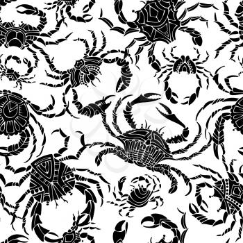 Various black silhouettes of crab on white background. Boundless background for your design.