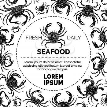 Various ornate crab silhouettes. Vector seafood menu template. There is place for your text in round frame.