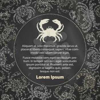 Various hand-drawn chalk crabs on blackboard background. Vector seafood menu template. There is place for your text in round frame.