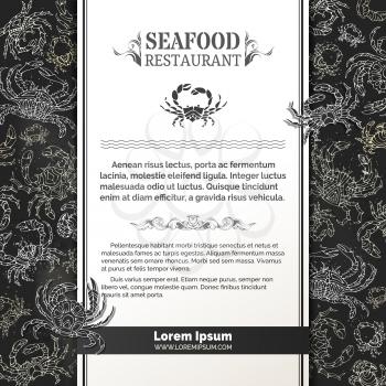Seafood menu template on blackboard background. There is place for your text on white vertical paper.