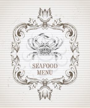 Ornate contour of crab and vintage hand-drawn frame in sepia on striped background.