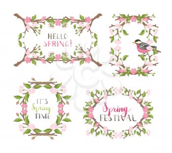 Frames of cherry blossoms, leaves and bird on branches. Handwritten grunge brush lettering. There is copyspace for your text in the center.