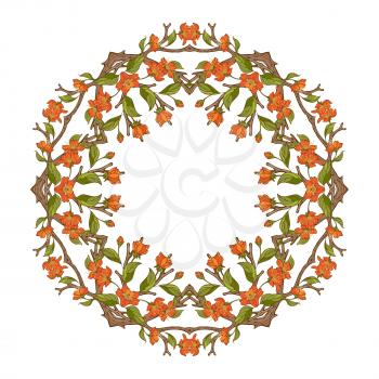 Frame of spring flowers on branches. Spring tree mandala. Vector card template. There is copyspace for your text in the center.