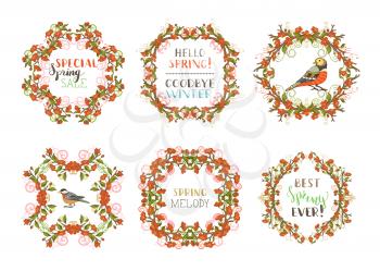 Hand-drawn ornaments and flourishes, blossoms and leaves on branches. Seasonal card template. Hand-written lettering. Page decorations isolated on white background.