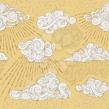 White doodles clouds and rain drops on light yellow background. Cartoon boundless wet weather background. Hand-drawn swirls, spirals and curls.