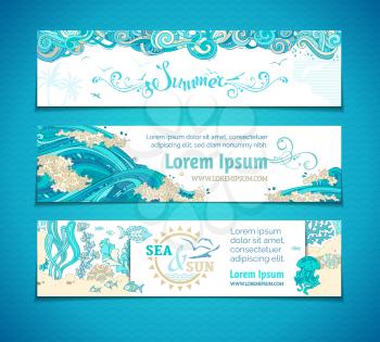 Clouds in the sky, sea/ocean waves and underwater wild life. Hand-drawn elements. There is copy space for your text on white background.