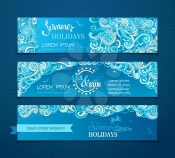 Clouds in dark blue sky. Summer holidays web templates. There is copy space for your text on blue background.