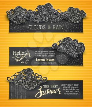 Hand-drawn ornate clouds, rain, curls, swirls and spirals. There is copy space for your text on blackboard background.