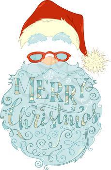 Santa Claus face, hat with pompon, glasses and curly beard isolated on white background. Vector hand-drawn illustration.