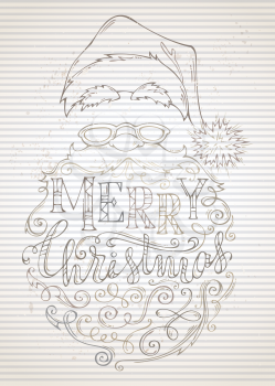 Santa Claus face, hat with pompon, glasses and curly beard on old striped background.