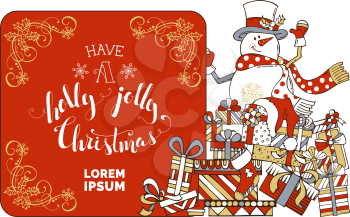 Snowman on a heap of various gift boxes on white background. There is copy space for your text on red sign. Grey, red and gold colours.