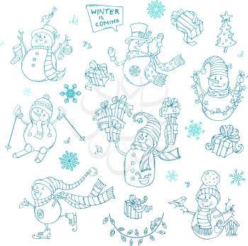 Snowman with skate, ski, Christmas sock and baubles, gifts, garland, birds, birdhouse. Hand-drawn linear illustration. Isolated on white background.