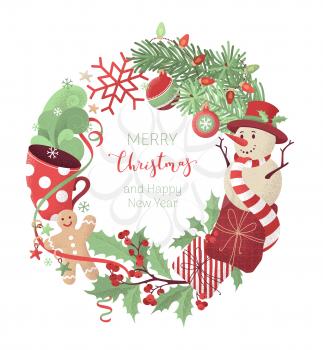 Gifts, cup of hot cocoa, spruce branches with baubles, snowman, gingerbread man, mistletoe. Happy holidays red and green flat background. Hand-drawn noise texture.