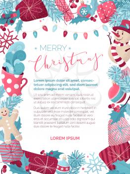 Hand-drawn stipple texture. Snowman, gingerbread man, mistletoe, gifts, cup of hot cocoa, spruce branches with baubles, pink and blue lamps. Happy holidays flat background.