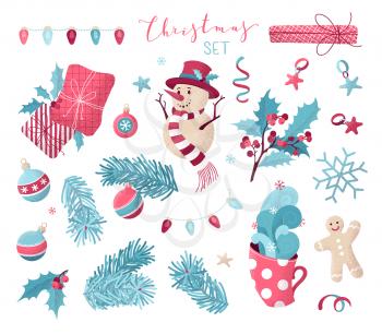 Hand-drawn stipple texture. Snowman, gingerbread man, mistletoe, gifts, cup of hot cocoa, spruce branches with baubles, garland of lamps. Happy New Year set.