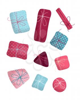 Happy holidays flat design elements isolated on white background. Pink and blue illustration. Grunge hand-drawn texture.