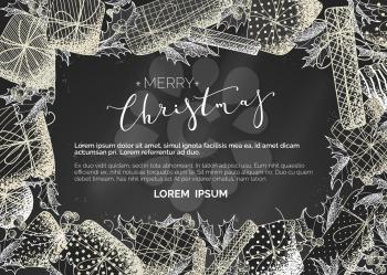 Chalk horizontal template with hand-drawn stipple texture on blackboard background. Mistletoe leaves and berries, gifts. There is copyspace for your text.