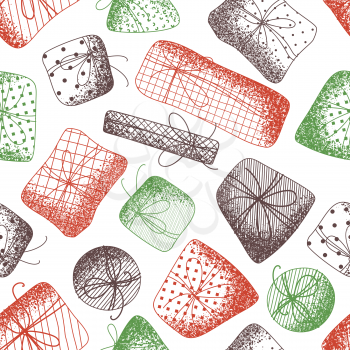 Hand-drawn presents with stipple texture on white background. Sketch tileable illustration. Christmas or Birthday boundless background.