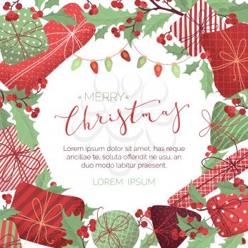 Happy holidays! Mistletoe leaves and berries, gifts, garlands of red and green lamps. There is copyspace for your text in the center.