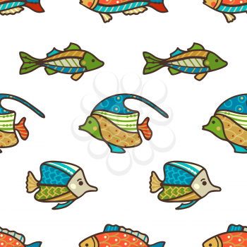 Cartoon fish swim on white background. Boundless background can be used for web page backgrounds, wallpapers, wrapping papers and invitations.