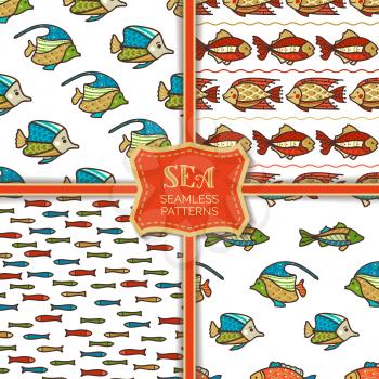 Various cartoon sea fish on white background. Boundless background can be used for web page backgrounds, wallpapers, wrapping papers and invitations.