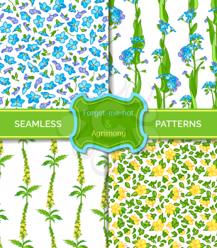 Forget-me-nots and agrimony boundless backgrounds. Yellow, blue and violet tiny flowers and bright green leaves. Tileable design elements.