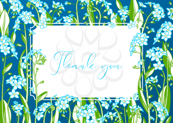 Forget-me-nots. Tiny blue flowers and green leaves. There is copy space for your text on white paper. A5 landscape format paper size with bleed 2 mm.