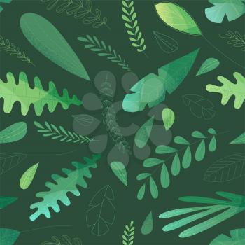 Various leaves and grass on dark green background. Filled and outlined. Flat boundless background with modern grain texture, lights and shadows.