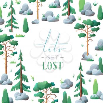 Lets get lost. Various coniferous trees and bushes. Pines, spruces, cypress, stones and grass. Flat background with modern noise texture. Round frame for your text.