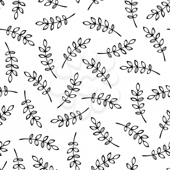 Black doodles rowan leaves on white background. Fall or summer boundless background. Tileable elements.