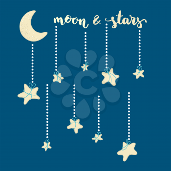 Bright stars hanging on the moon on dark blue background. Vector illustration.