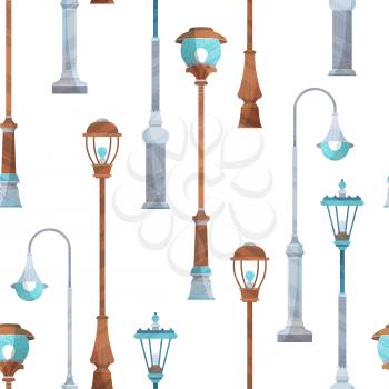 Various street lamps on white. Flat boundless background with modern stipple texture, lights and shadows.