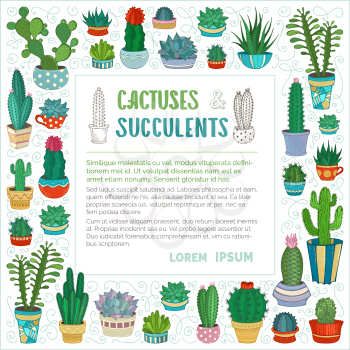 Various cartoon cacti in flower pots and cups. They are with prickles and flowers. There is copyspace for your text inside frame.