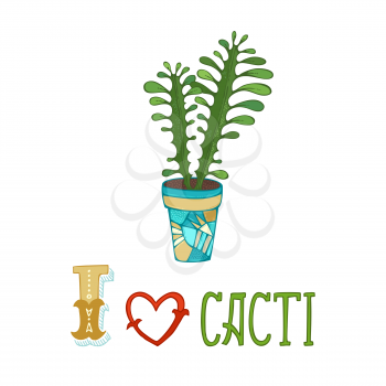 Cartoon cactus in flower pot on white background. 