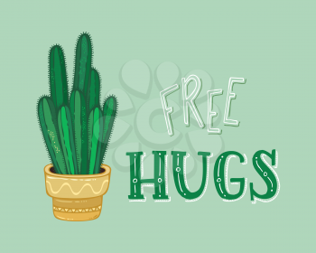 Vector card template. Cartoon cactus with spines in flower pot on green background. Hand-drawn lettering. Good for greeting cards or posters, etc.
