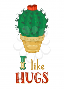 Cactus with spines in flower pot on white background. Vector template can be used for greeting cards, posters, invitations, etc. 