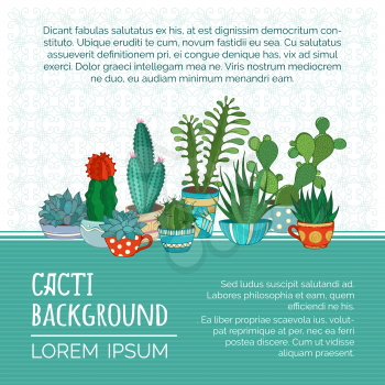 Various cartoon cactuses and succulents in flowerpots and cups. There is copyspace for your text on white and green backgrounds.