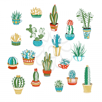 Various cacti in flower pots and cups. With spines, flowers and without. Hand-drawn design elements for poster, greeting card or invitation.