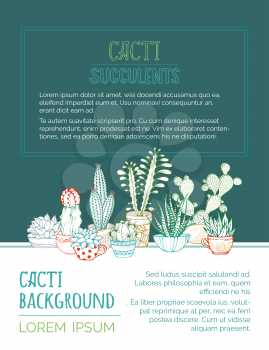 Various cartoon cactuses and succulents in flower pots and cups. They are with spines and flowers. There is copy space for your text on green and white.