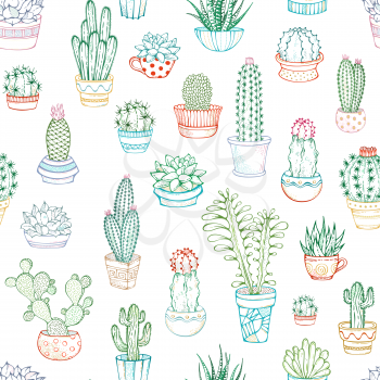 A variety of outlined cacti with prickles, flowers and without. They are in flower pots or cups. Hand-drawn boundless background.
