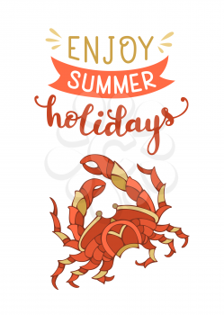 Red crab on white background. Unique calligraphic phrase written by brush. Wild life. Ready-to-use vector print for your design.