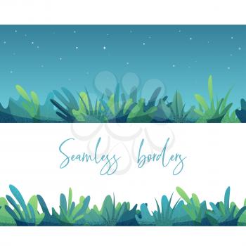 Grass and leaves on white and sky backgrounds. Boundless summer design elements.