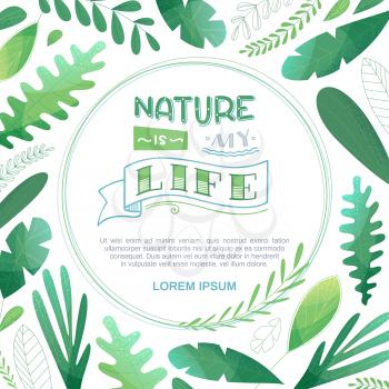 Green leaves and grass on white background. Nature is my life. Flat illustration with modern stipple texture, lights and shadows. Round frame for your text.