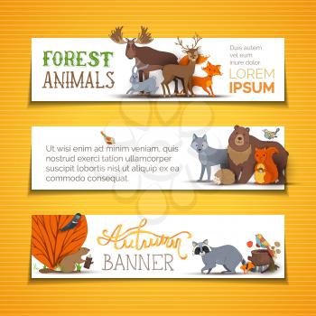 Adorable woodland animals on white background. Wild deer, fox, hedgehog, rabbit, raccoon, squirrel, bird, beaver, elk and wolf. Cartoon illustration.