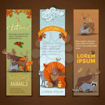 Wolf, deer, fox, hare, hedgehog, bird, raccoon and moose. Zoo cartoon collection for children designs. Autumn falling leaves. Rain and cloud. Wet weather.