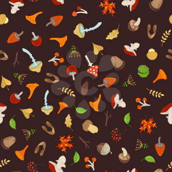 Tree branches, autumn leaves, edible and poisonous mushrooms, fir-cones, maple seeds, apples, rowan berries, flowers, acorns and chestnuts. Cartoon boundless background.