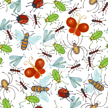 Cartoon bee, butterfly, spider, wasp, ant, ladybug, moth, beetle on white background. Hand-drawn boundless background.