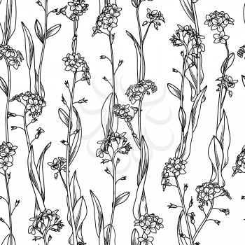Forget-me-nots boundless background. Black outline tiny flowers and leaves on white background. Tileable design element.