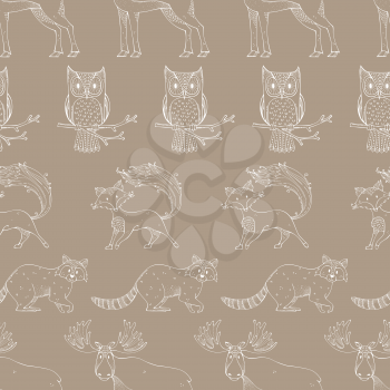 White linear moose, fox, raccoon and owl on colored background. Boundless background for your design.